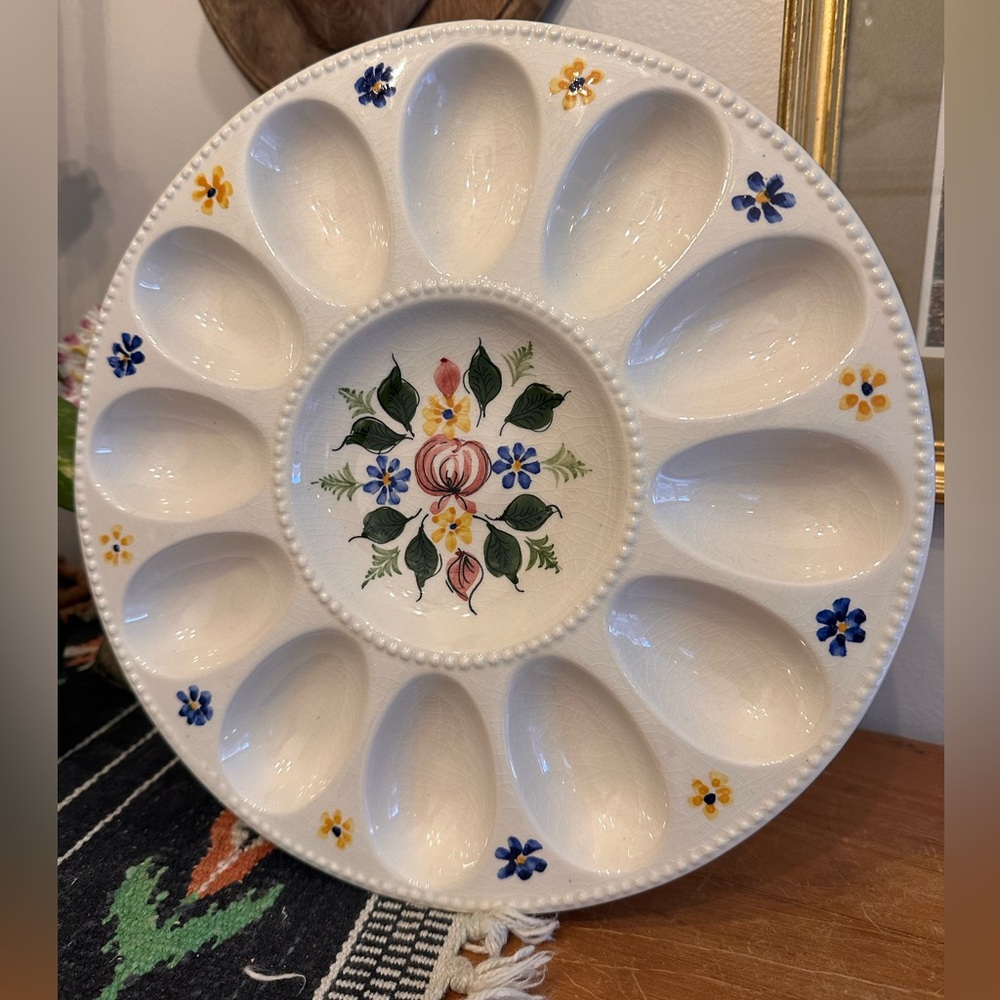 Vintage Hand-Painted Floral Ceramic Deviled Egg Platter made in Portugal